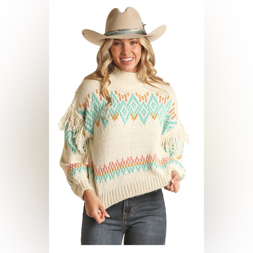Rock&roll ladies Cozy Knit Sweater with Fringe Details western rodeo size XL